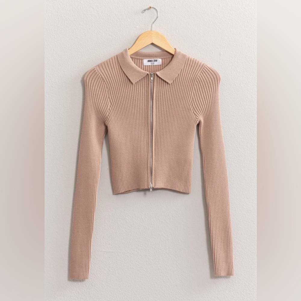 13B. Ribbed Double Zip Cardigan Top Taupe